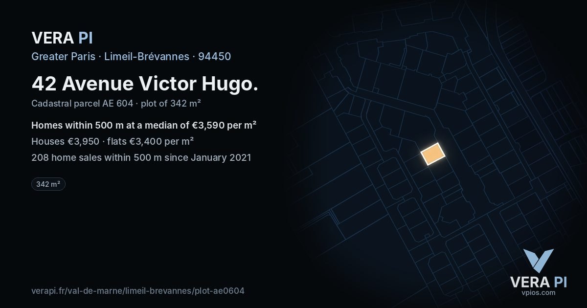 42 Avenue Victor Hugo, Limeil-Brévannes at night – the plot lit, the parcels around coloured by the prices near them