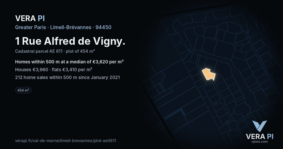 1 Rue Alfred de Vigny, Limeil-Brévannes at night – the plot lit, the parcels around coloured by the prices near them