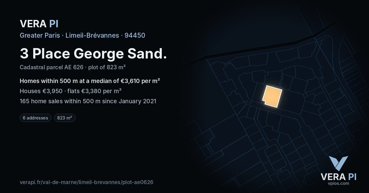 3 Place George Sand, Limeil-Brévannes at night – the plot lit, the parcels around coloured by the prices near them