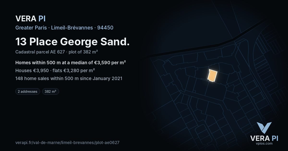 13 Place George Sand, Limeil-Brévannes at night – the plot lit, the parcels around coloured by the prices near them