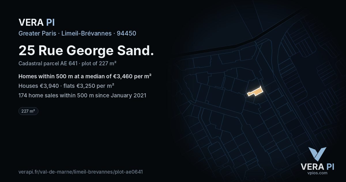 25 Rue George Sand, Limeil-Brévannes at night – the plot lit, the parcels around coloured by the prices near them