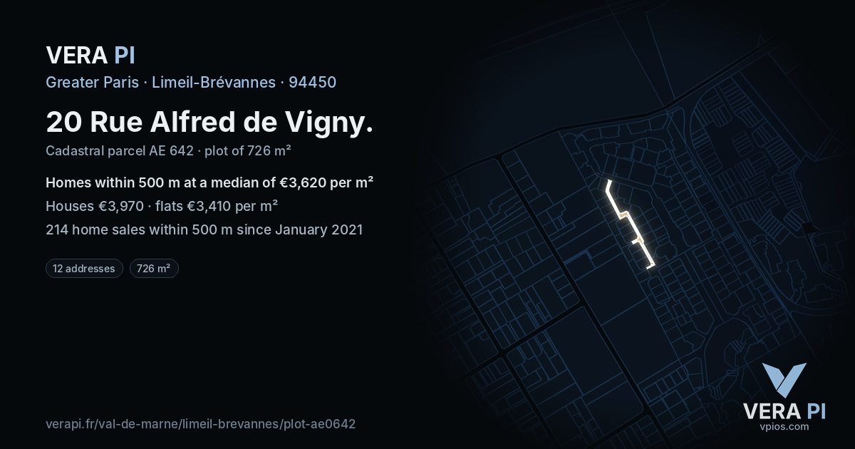 20 Rue Alfred de Vigny, Limeil-Brévannes at night – the plot lit, the parcels around coloured by the prices near them