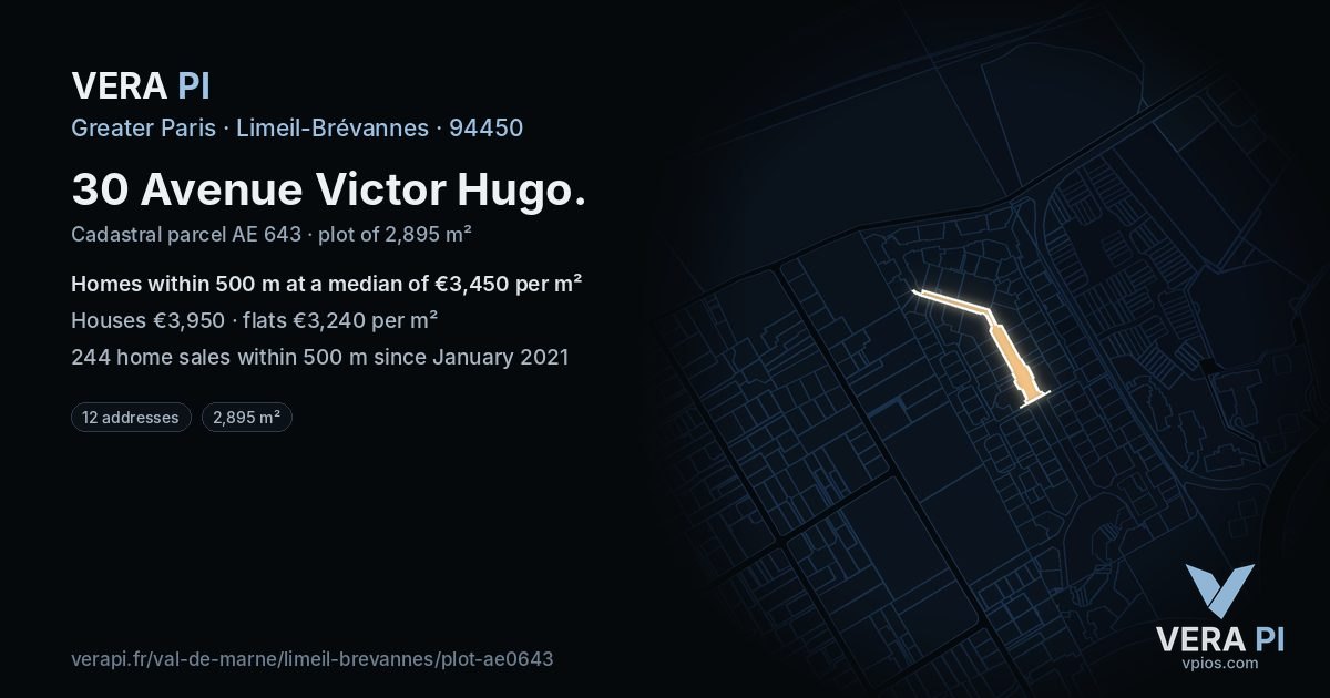 30 Avenue Victor Hugo, Limeil-Brévannes at night – the plot lit, the parcels around coloured by the prices near them