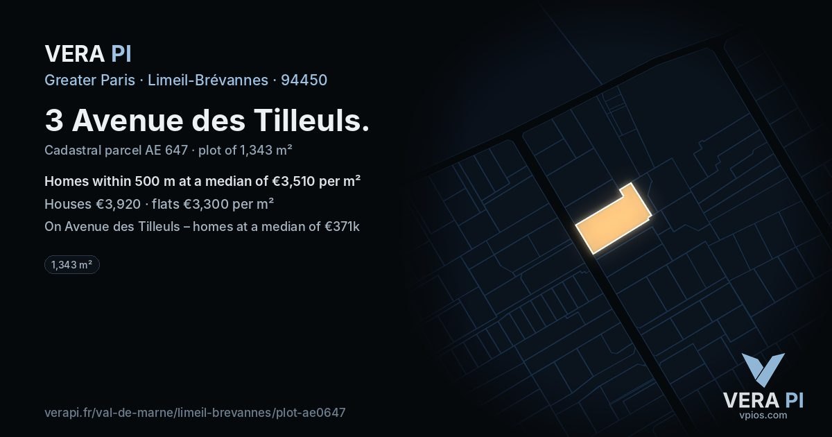 3 Avenue des Tilleuls, Limeil-Brévannes at night – the plot lit, the parcels around coloured by the prices near them