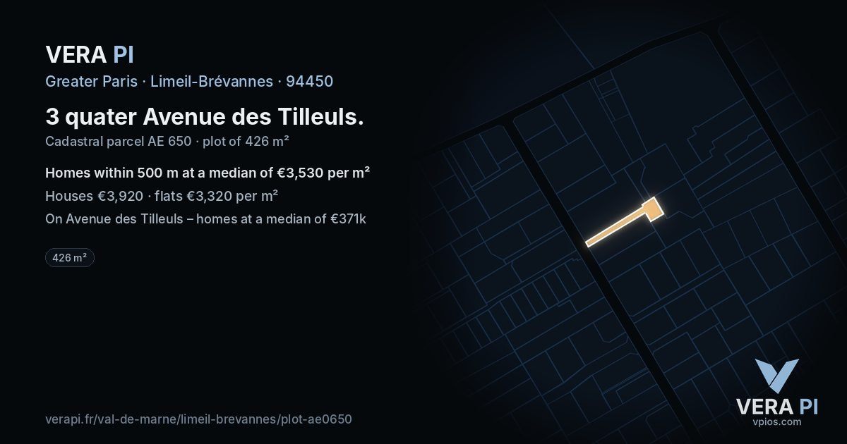 3 quater Avenue des Tilleuls, Limeil-Brévannes at night – the plot lit, the parcels around coloured by the prices near them
