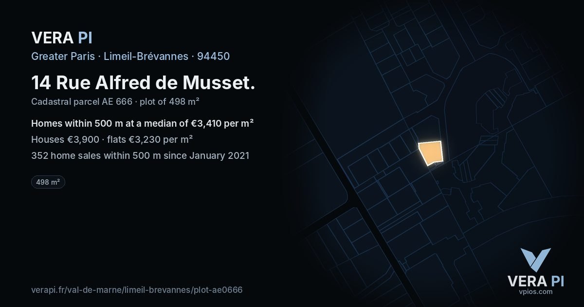 14 Rue Alfred de Musset, Limeil-Brévannes at night – the plot lit, the parcels around coloured by the prices near them