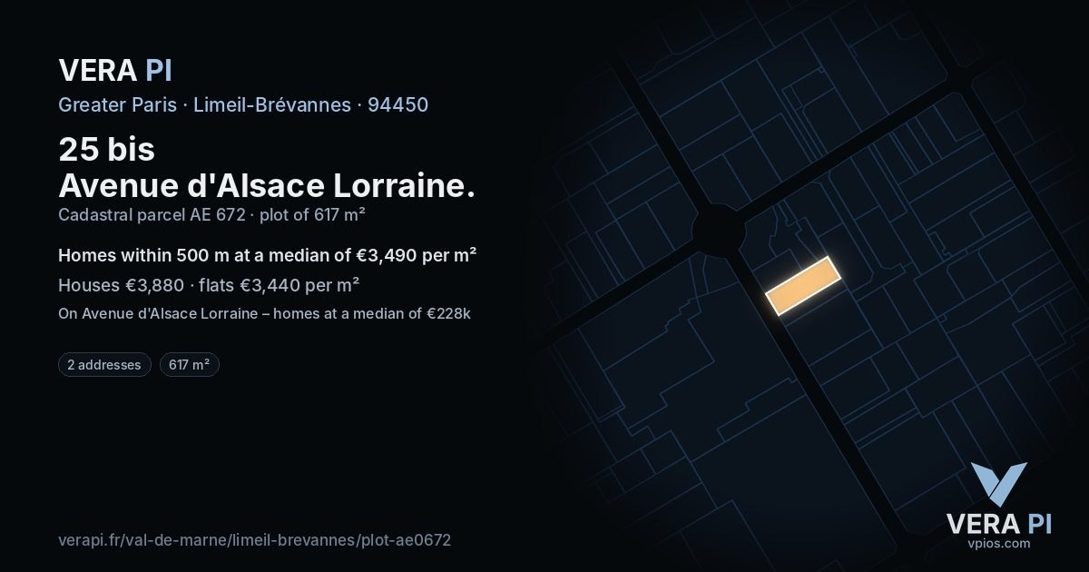 25 bis Avenue d'Alsace Lorraine, Limeil-Brévannes at night – the plot lit, the parcels around coloured by the prices near them