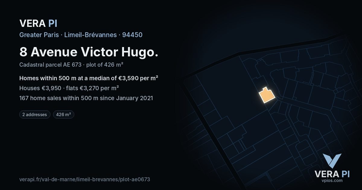 8 Avenue Victor Hugo, Limeil-Brévannes at night – the plot lit, the parcels around coloured by the prices near them