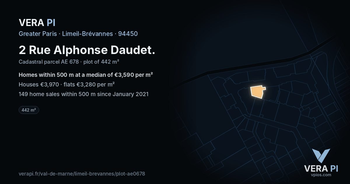 2 Rue Alphonse Daudet, Limeil-Brévannes at night – the plot lit, the parcels around coloured by the prices near them