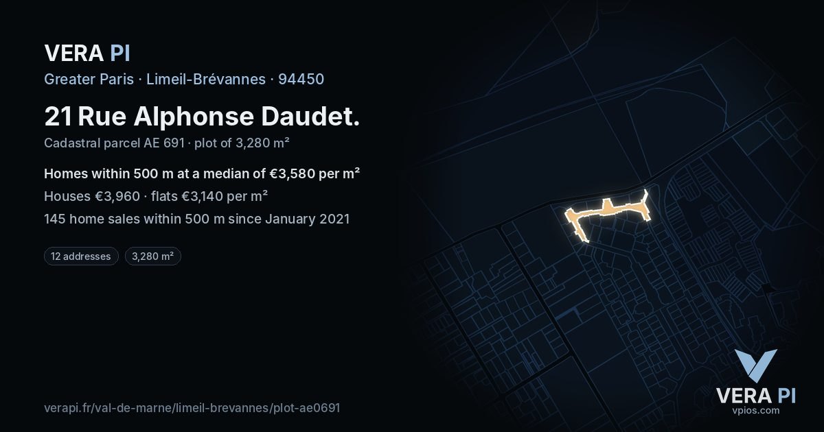 21 Rue Alphonse Daudet, Limeil-Brévannes at night – the plot lit, the parcels around coloured by the prices near them