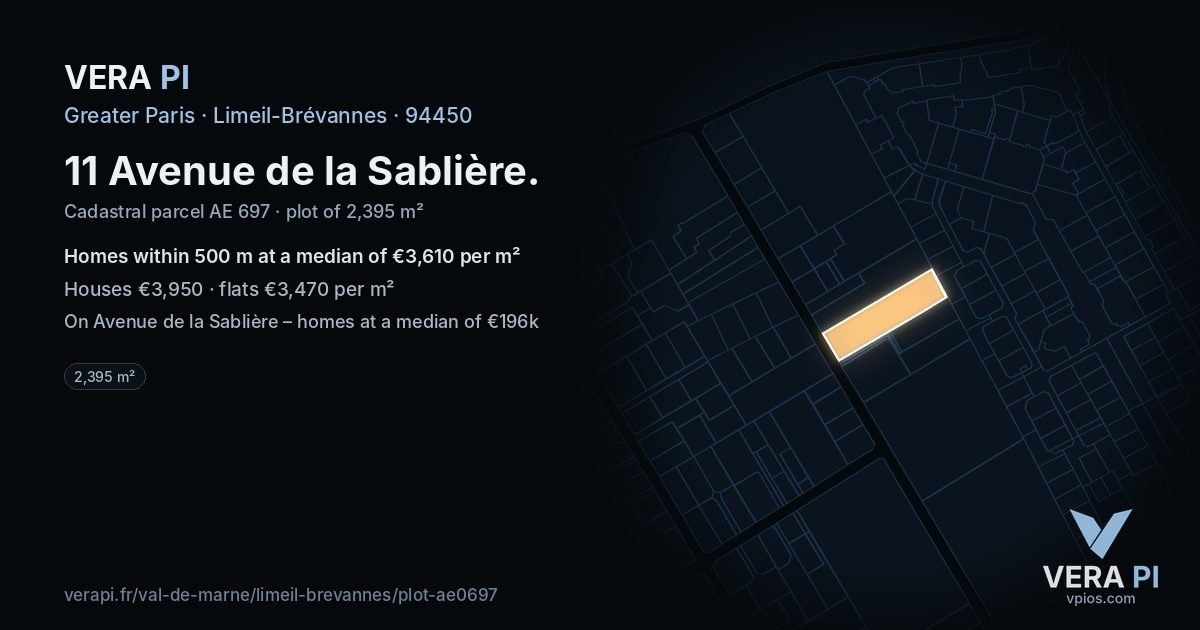 11 Avenue de la Sablière, Limeil-Brévannes at night – the plot lit, the parcels around coloured by the prices near them