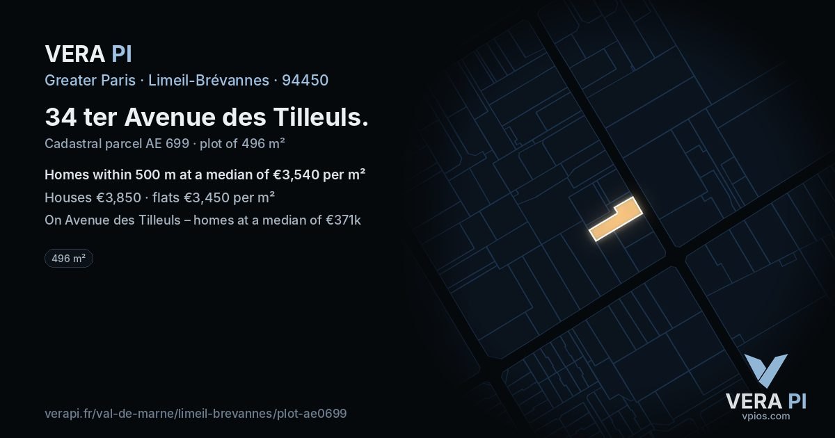 34 ter Avenue des Tilleuls, Limeil-Brévannes at night – the plot lit, the parcels around coloured by the prices near them