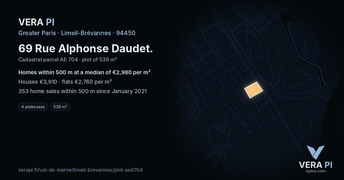 69 Rue Alphonse Daudet, Limeil-Brévannes at night – the plot lit, the parcels around coloured by the prices near them
