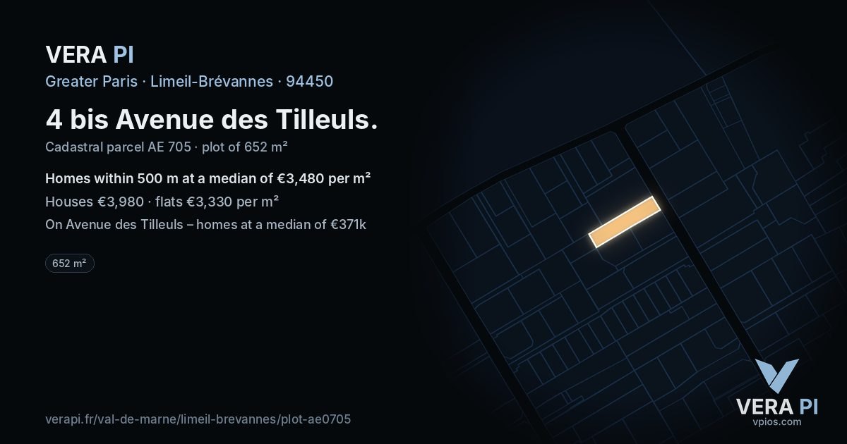 4 bis Avenue des Tilleuls, Limeil-Brévannes at night – the plot lit, the parcels around coloured by the prices near them