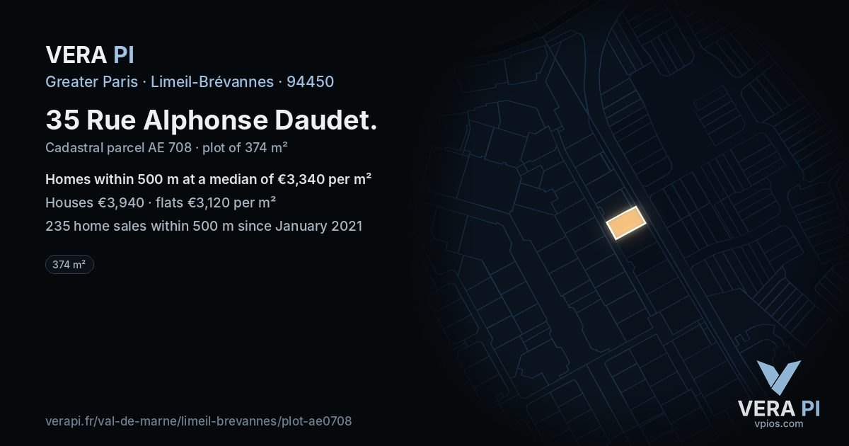 35 Rue Alphonse Daudet, Limeil-Brévannes at night – the plot lit, the parcels around coloured by the prices near them