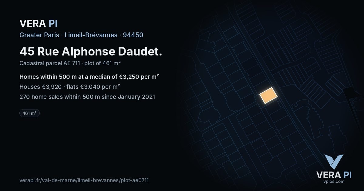 45 Rue Alphonse Daudet, Limeil-Brévannes at night – the plot lit, the parcels around coloured by the prices near them