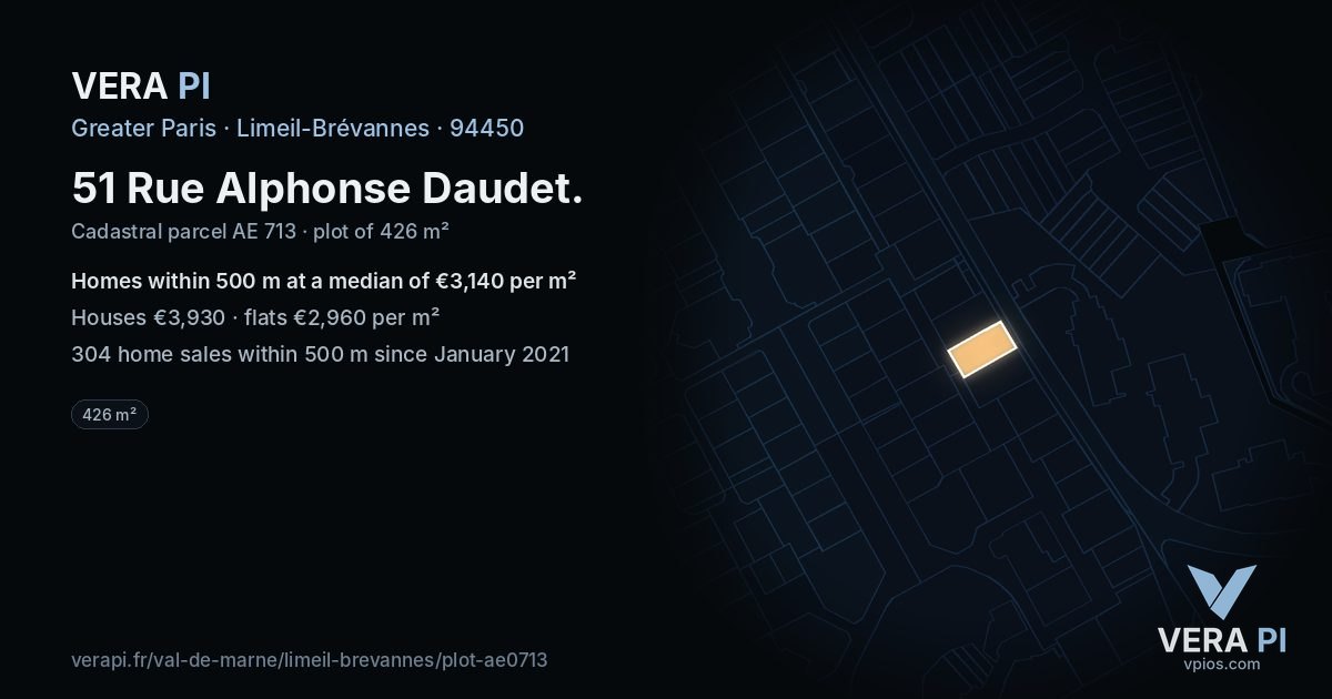 51 Rue Alphonse Daudet, Limeil-Brévannes at night – the plot lit, the parcels around coloured by the prices near them