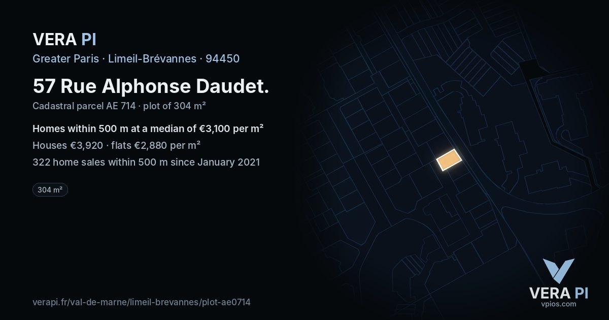 57 Rue Alphonse Daudet, Limeil-Brévannes at night – the plot lit, the parcels around coloured by the prices near them