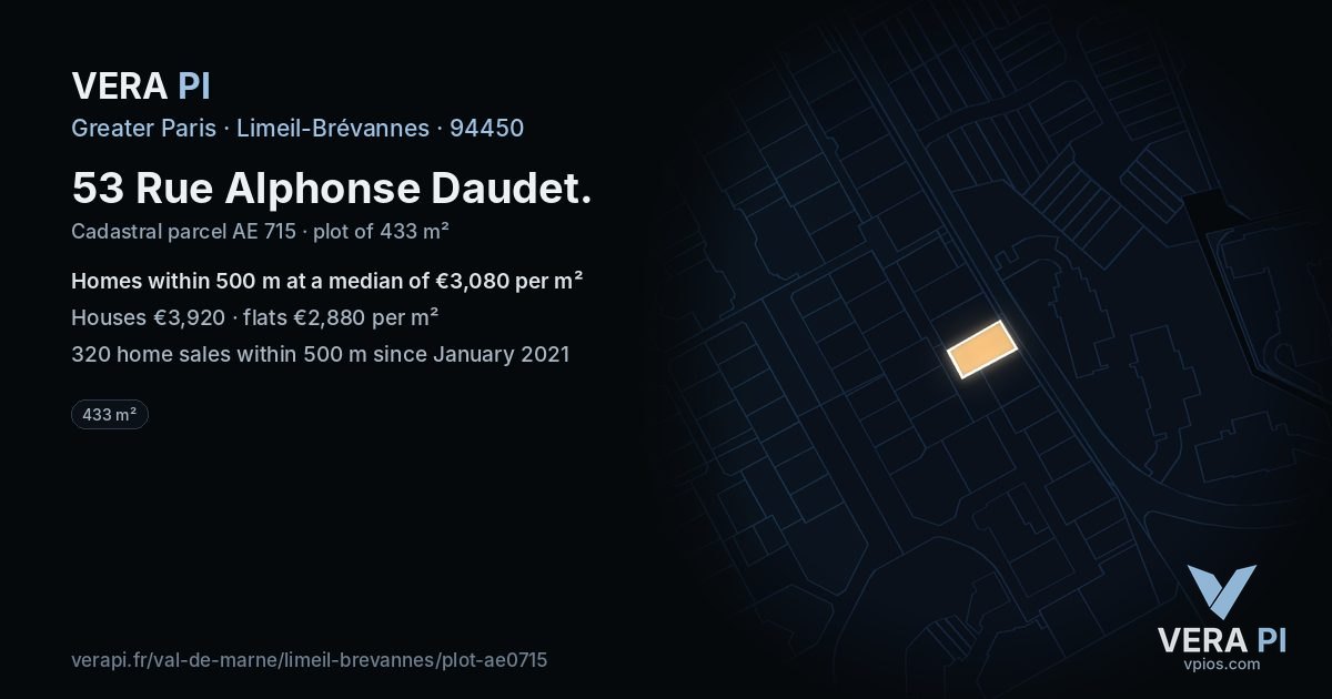 53 Rue Alphonse Daudet, Limeil-Brévannes at night – the plot lit, the parcels around coloured by the prices near them