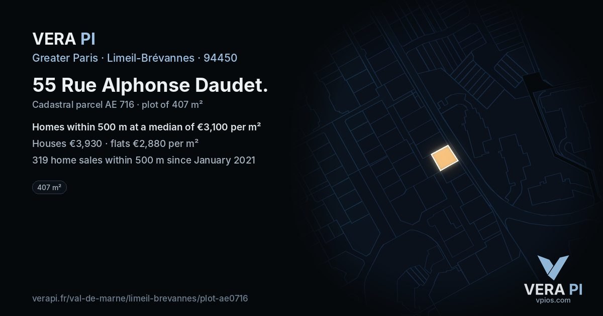 55 Rue Alphonse Daudet, Limeil-Brévannes at night – the plot lit, the parcels around coloured by the prices near them