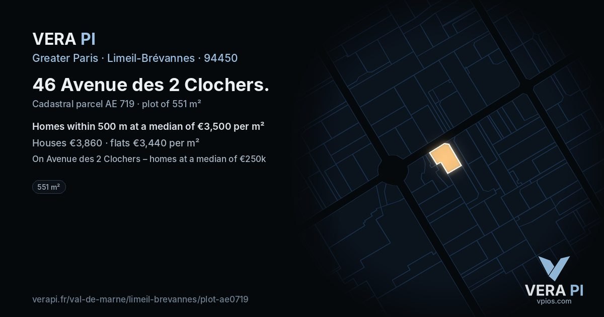 46 Avenue des 2 Clochers, Limeil-Brévannes at night – the plot lit, the parcels around coloured by the prices near them