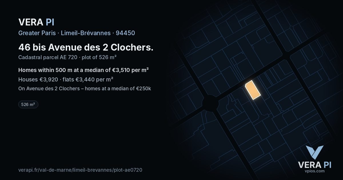 46 bis Avenue des 2 Clochers, Limeil-Brévannes at night – the plot lit, the parcels around coloured by the prices near them