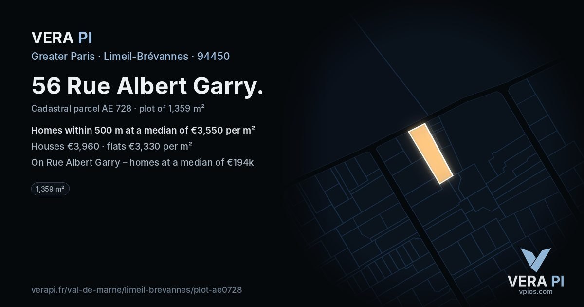 56 Rue Albert Garry, Limeil-Brévannes at night – the plot lit, the parcels around coloured by the prices near them