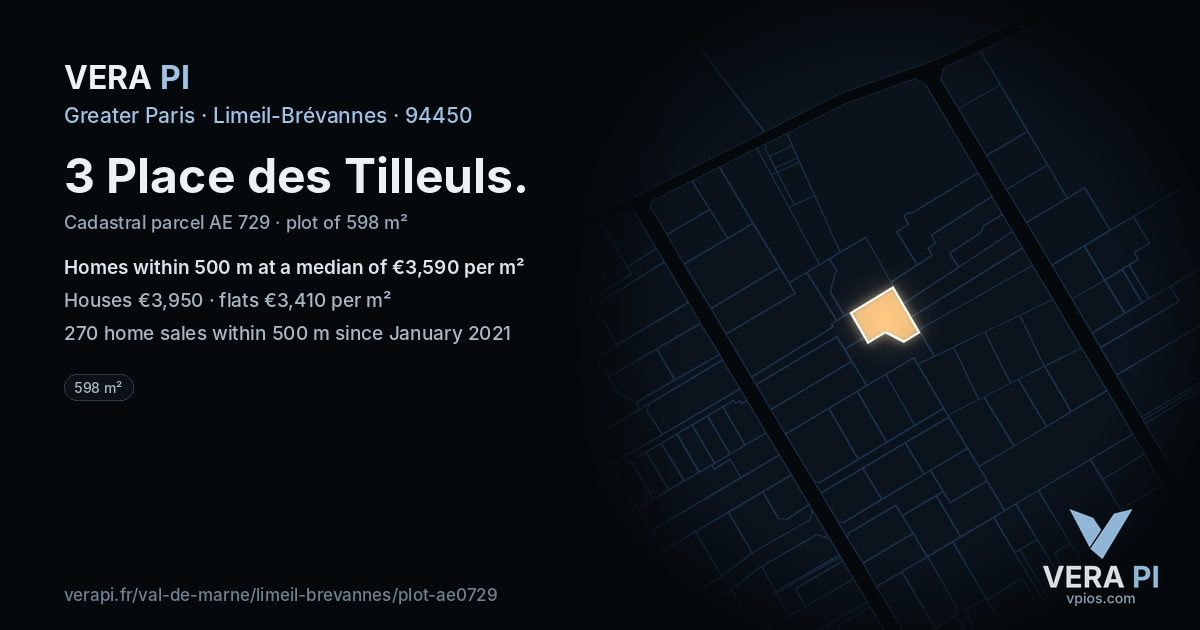 3 Place des Tilleuls, Limeil-Brévannes at night – the plot lit, the parcels around coloured by the prices near them