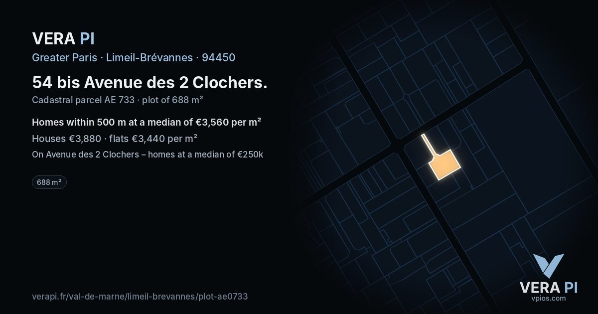 54 bis Avenue des 2 Clochers, Limeil-Brévannes at night – the plot lit, the parcels around coloured by the prices near them