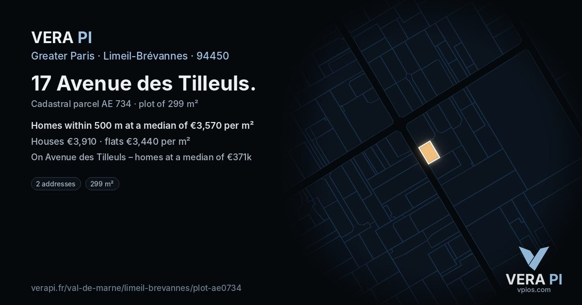 17 Avenue des Tilleuls, Limeil-Brévannes at night – the plot lit, the parcels around coloured by the prices near them