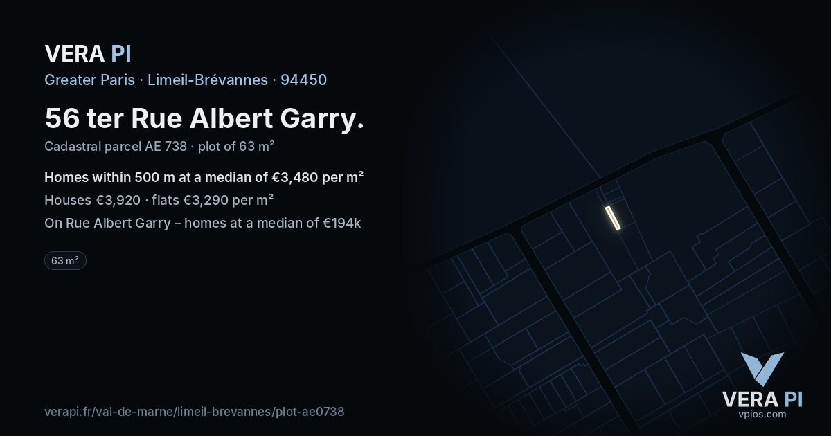 56 ter Rue Albert Garry, Limeil-Brévannes at night – the plot lit, the parcels around coloured by the prices near them