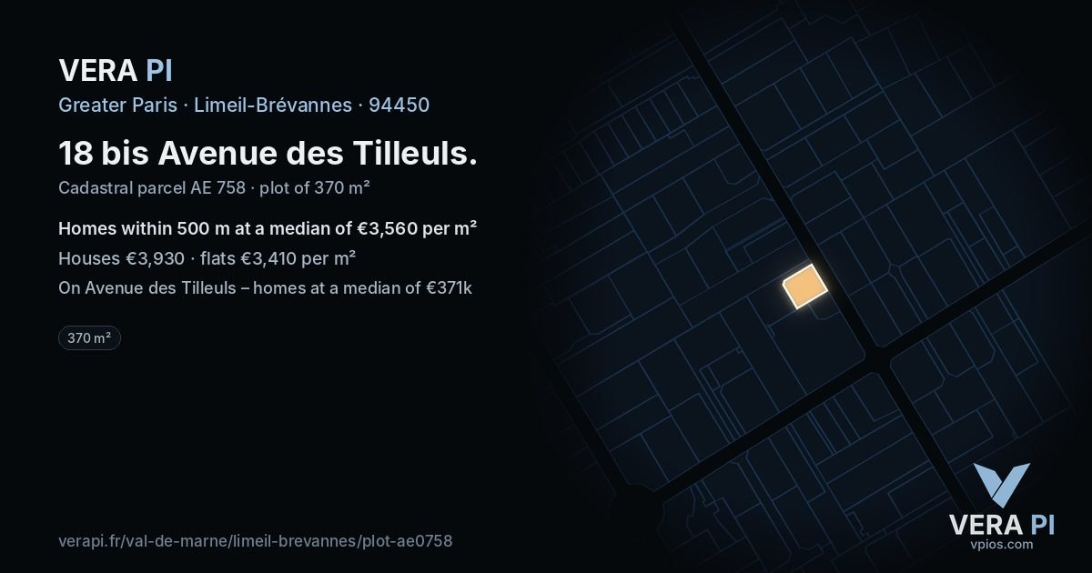 18 bis Avenue des Tilleuls, Limeil-Brévannes at night – the plot lit, the parcels around coloured by the prices near them
