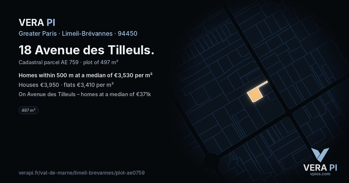 18 Avenue des Tilleuls, Limeil-Brévannes at night – the plot lit, the parcels around coloured by the prices near them