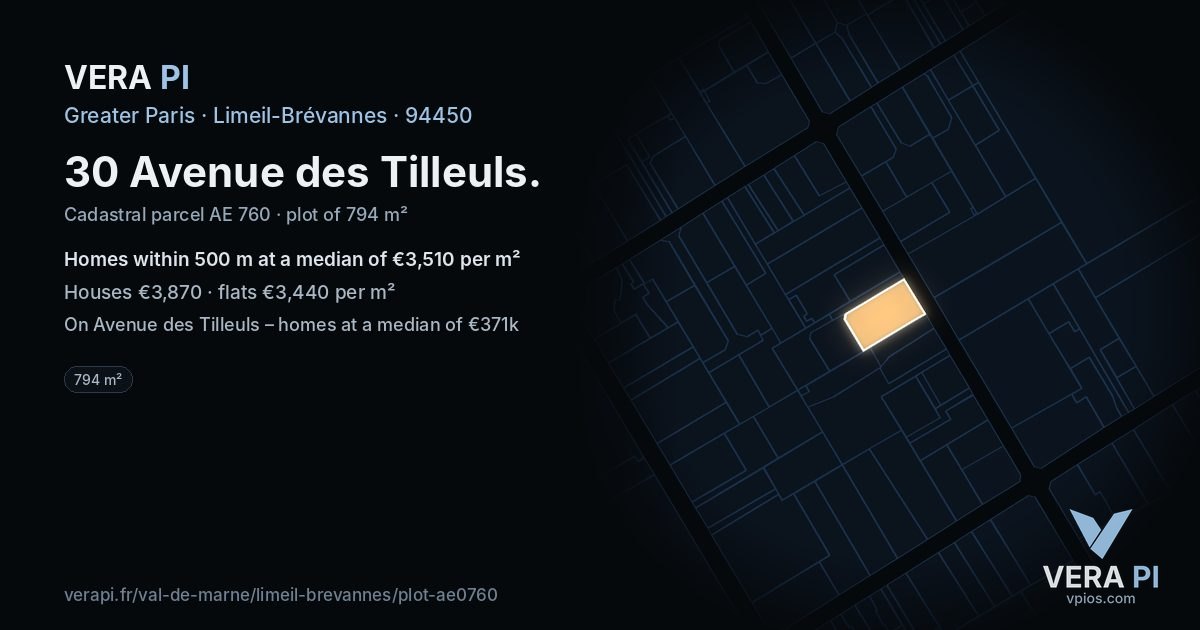 30 Avenue des Tilleuls, Limeil-Brévannes at night – the plot lit, the parcels around coloured by the prices near them