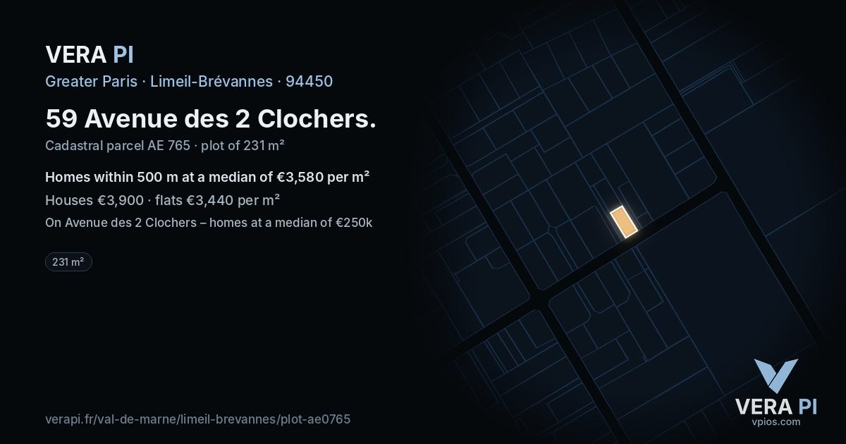 59 Avenue des 2 Clochers, Limeil-Brévannes at night – the plot lit, the parcels around coloured by the prices near them