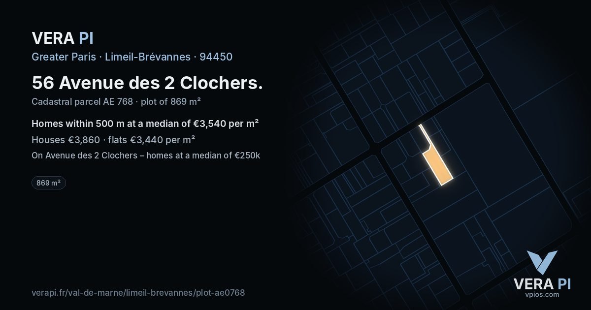 56 Avenue des 2 Clochers, Limeil-Brévannes at night – the plot lit, the parcels around coloured by the prices near them
