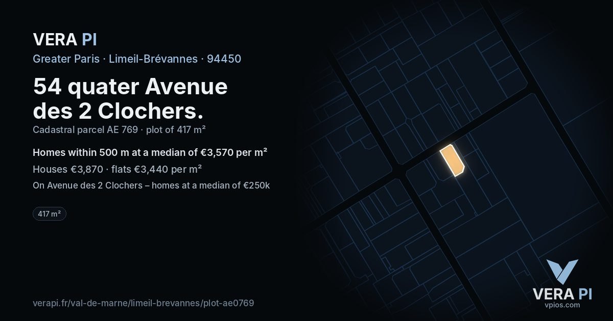 54 quater Avenue des 2 Clochers, Limeil-Brévannes at night – the plot lit, the parcels around coloured by the prices near them