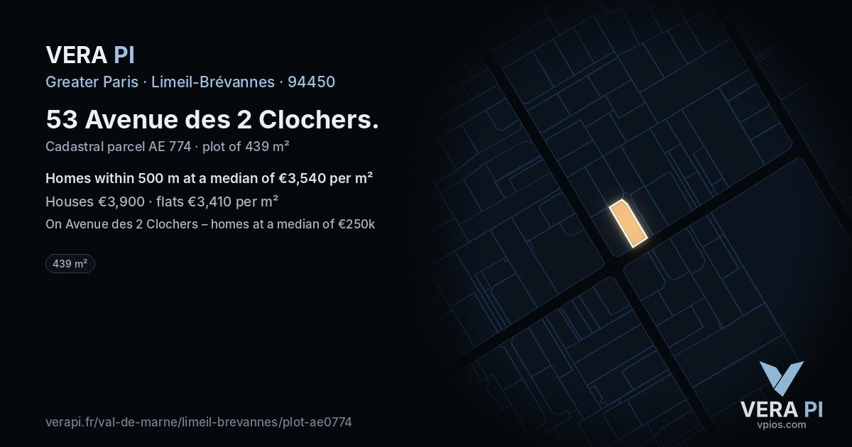 53 Avenue des 2 Clochers, Limeil-Brévannes at night – the plot lit, the parcels around coloured by the prices near them