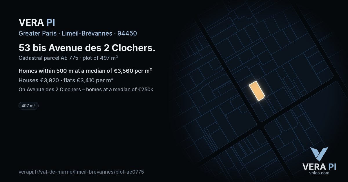 53 bis Avenue des 2 Clochers, Limeil-Brévannes at night – the plot lit, the parcels around coloured by the prices near them