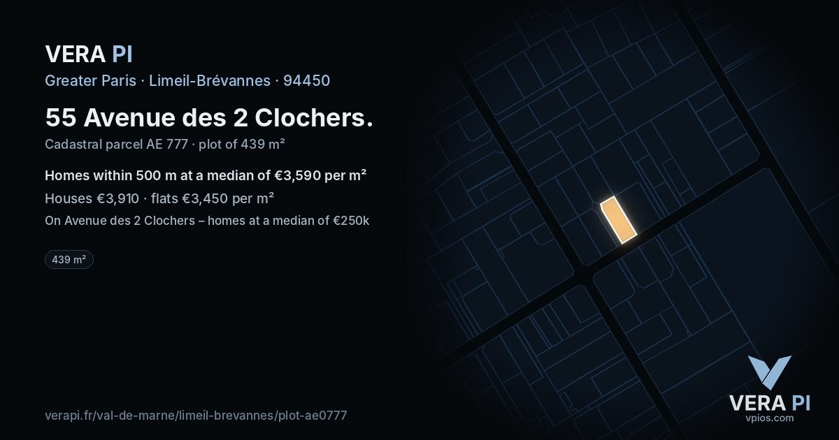 55 Avenue des 2 Clochers, Limeil-Brévannes at night – the plot lit, the parcels around coloured by the prices near them