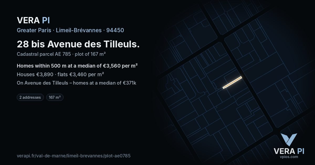28 bis Avenue des Tilleuls, Limeil-Brévannes at night – the plot lit, the parcels around coloured by the prices near them