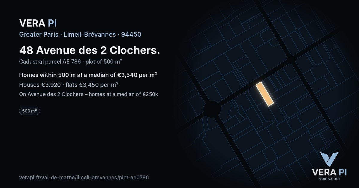 48 Avenue des 2 Clochers, Limeil-Brévannes at night – the plot lit, the parcels around coloured by the prices near them