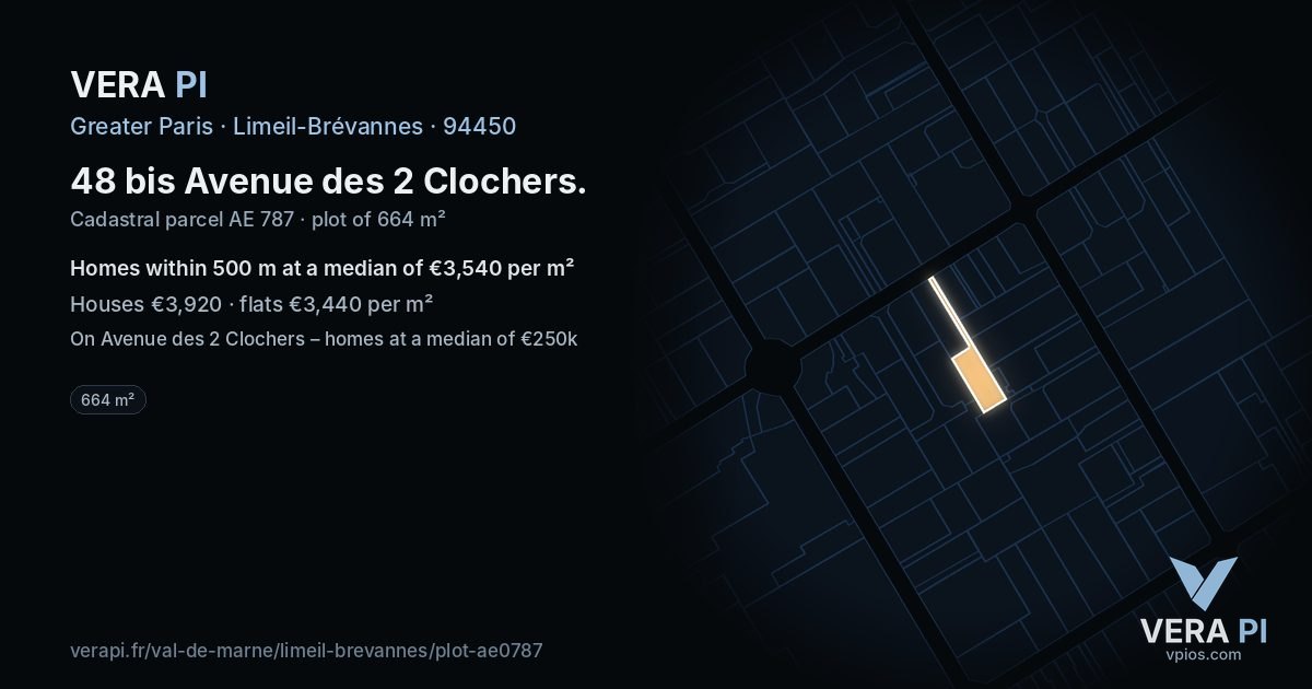48 bis Avenue des 2 Clochers, Limeil-Brévannes at night – the plot lit, the parcels around coloured by the prices near them