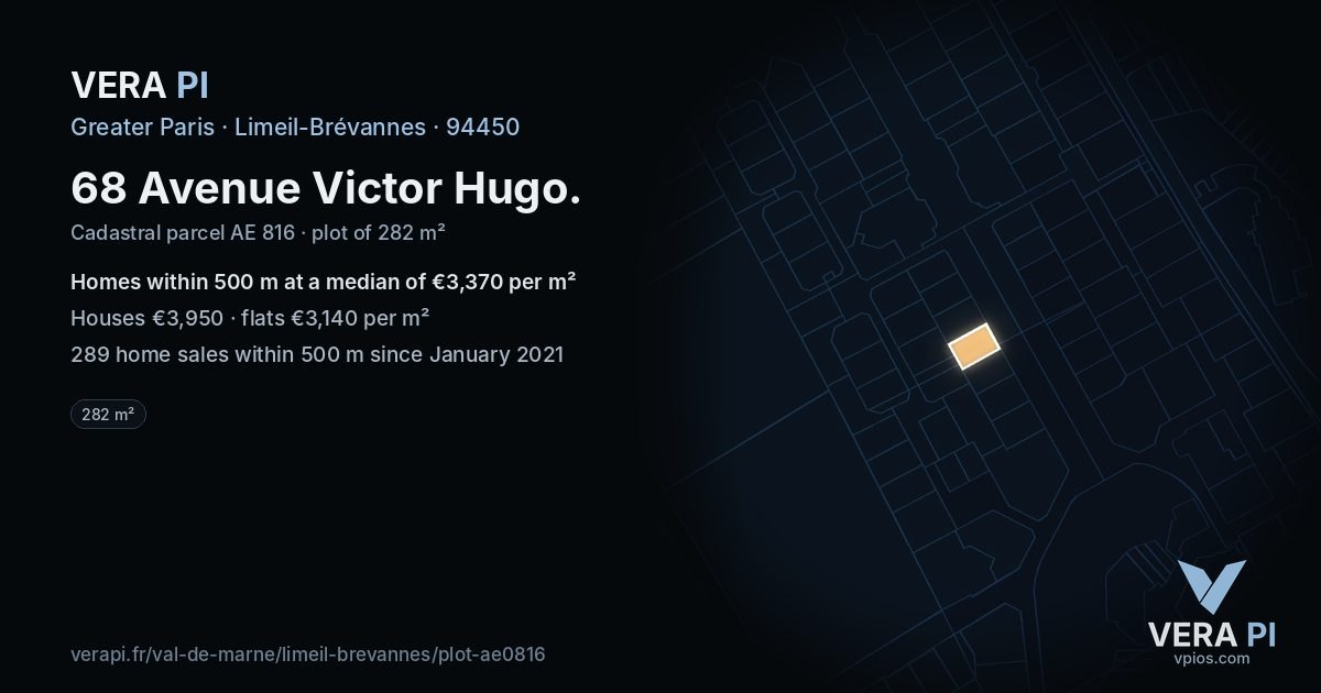68 Avenue Victor Hugo, Limeil-Brévannes at night – the plot lit, the parcels around coloured by the prices near them