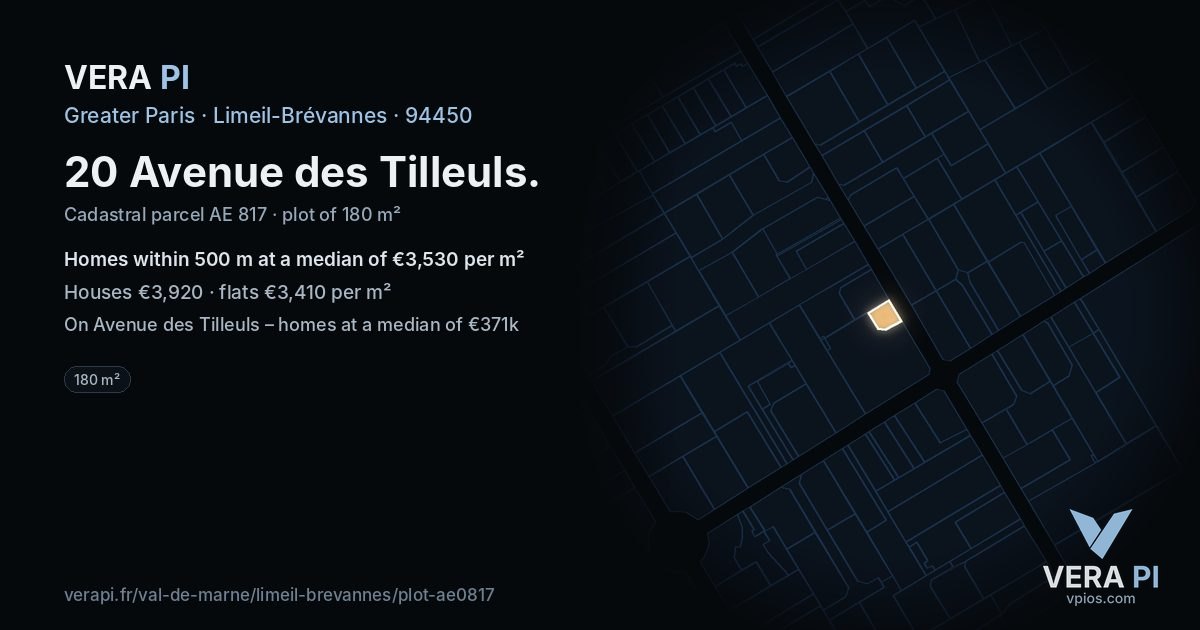20 Avenue des Tilleuls, Limeil-Brévannes at night – the plot lit, the parcels around coloured by the prices near them