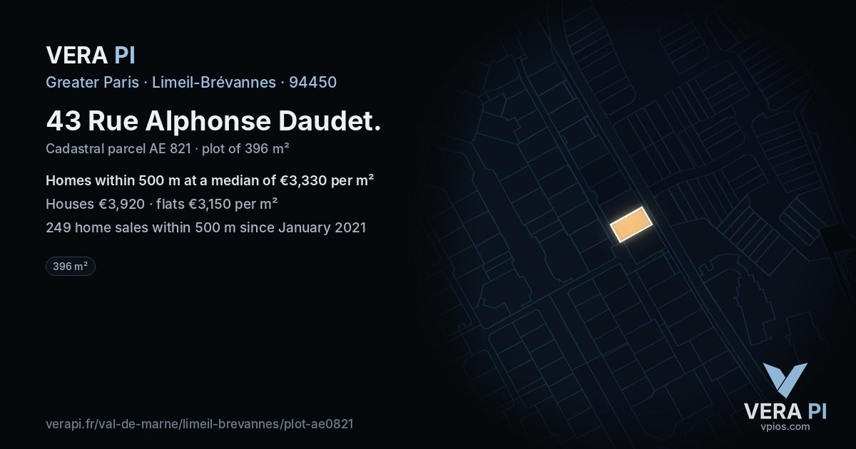43 Rue Alphonse Daudet, Limeil-Brévannes at night – the plot lit, the parcels around coloured by the prices near them