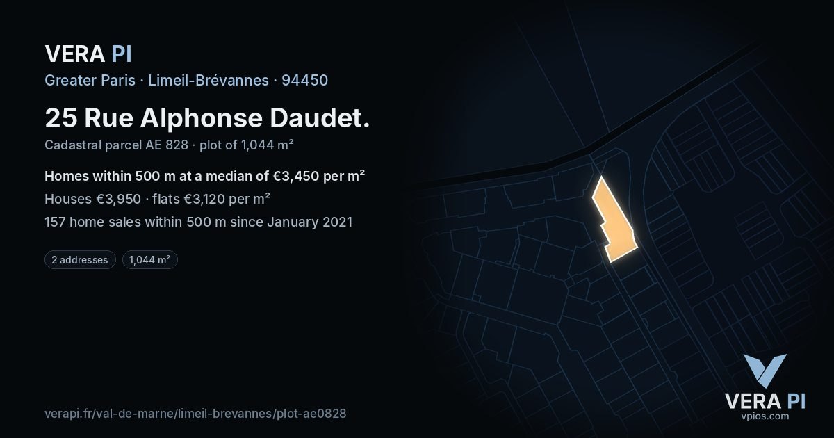 25 Rue Alphonse Daudet, Limeil-Brévannes at night – the plot lit, the parcels around coloured by the prices near them