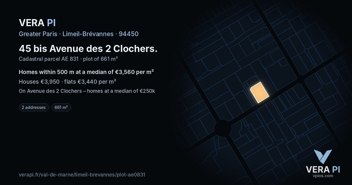 45 bis Avenue des 2 Clochers, Limeil-Brévannes at night – the plot lit, the parcels around coloured by the prices near them