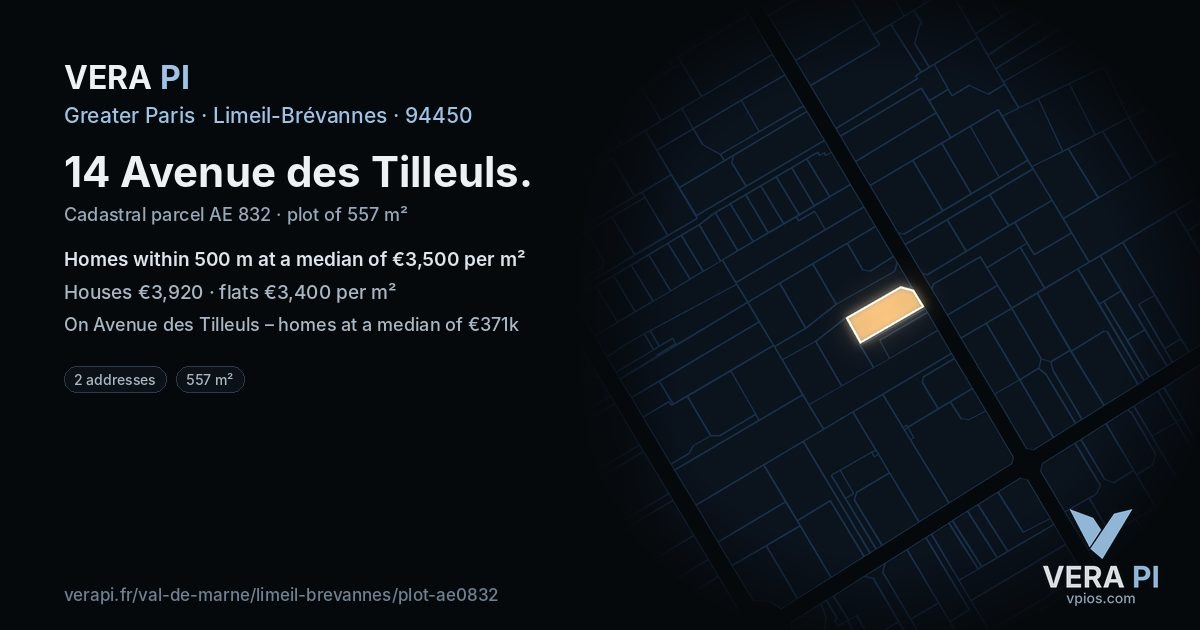 14 Avenue des Tilleuls, Limeil-Brévannes at night – the plot lit, the parcels around coloured by the prices near them
