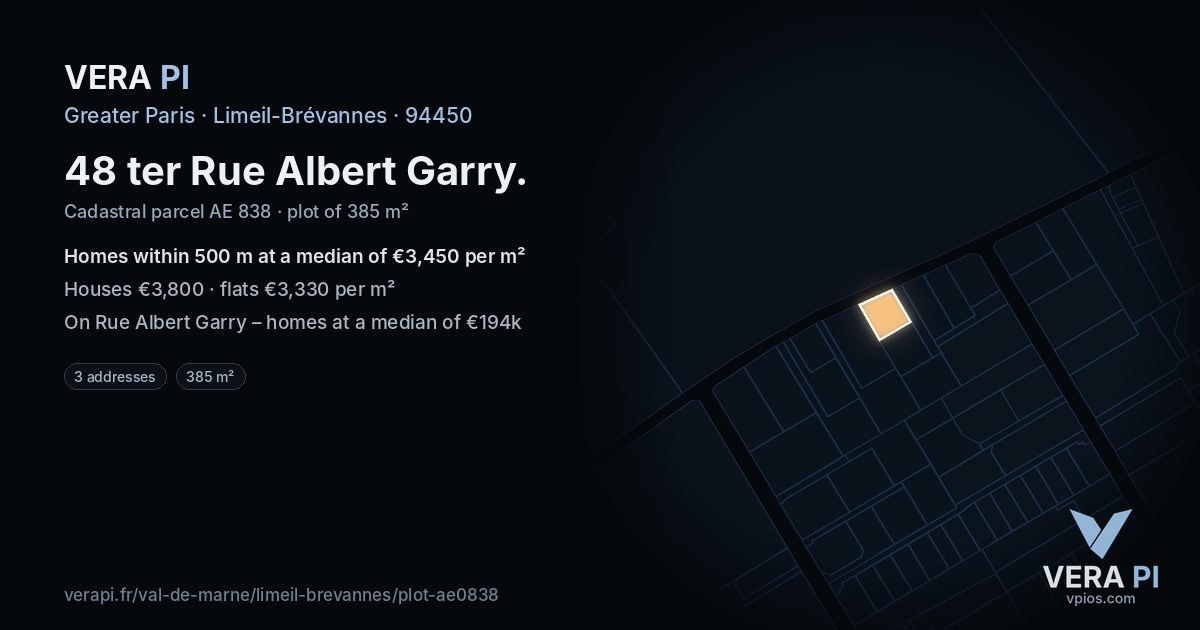 48 ter Rue Albert Garry, Limeil-Brévannes at night – the plot lit, the parcels around coloured by the prices near them